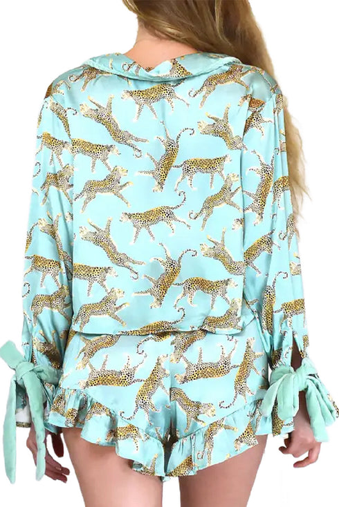 Satin Leopard Print Ruffle Button Down Pajama Set