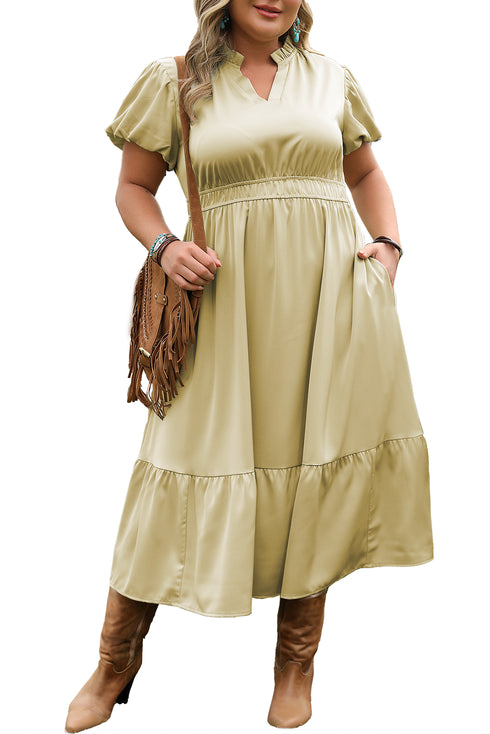 Satin Notched V Neck Tiered Plus Size Maxi Dress