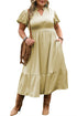 Satin Notched V Neck Tiered Plus Size Maxi Dress