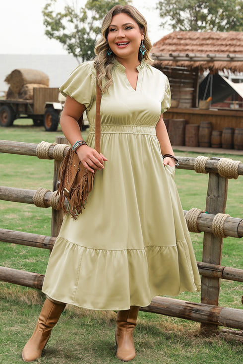 Satin Notched V Neck Tiered Plus Size Maxi Dress