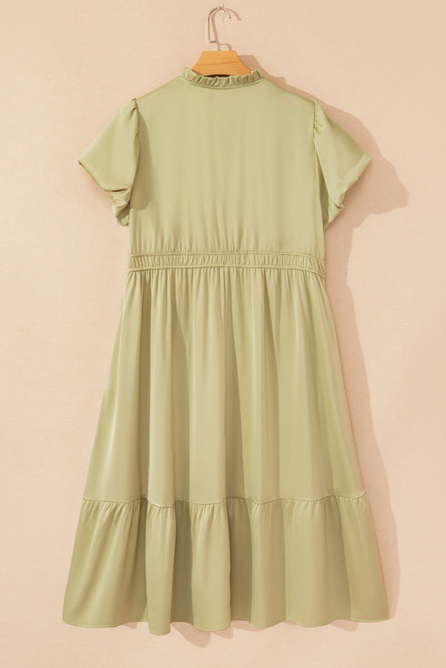 Satin Notched V Neck Tiered Plus Size Maxi Dress