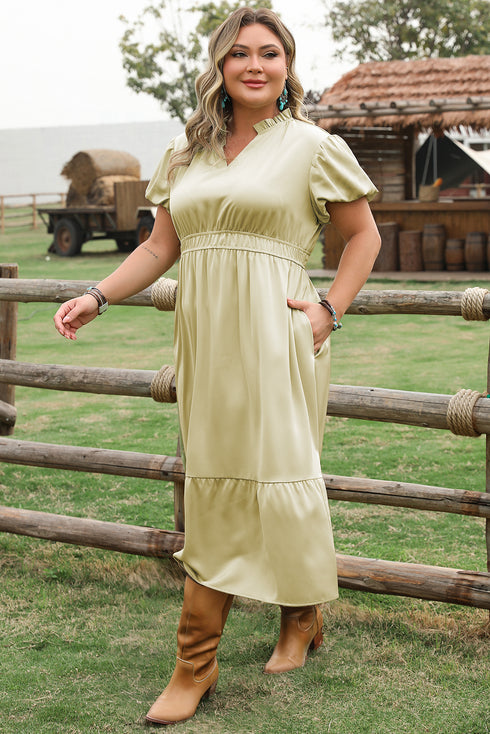 Satin Notched V Neck Tiered Plus Size Maxi Dress