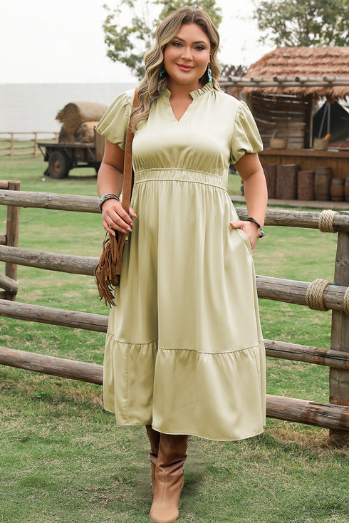 Satin Notched V Neck Tiered Plus Size Maxi Dress