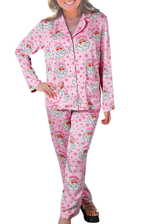 Satin Novelty Print Long Sleeve Button Down Pajama Set