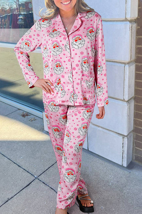 Satin Novelty Print Long Sleeve Button Down Pajama Set