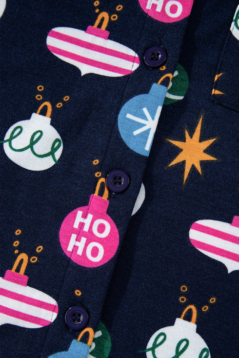 Satin Ornament Print Button Down Long Sleeve Pajama Set