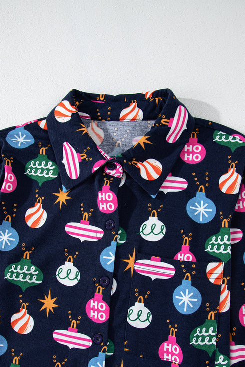 Satin Ornament Print Button Down Long Sleeve Pajama Set