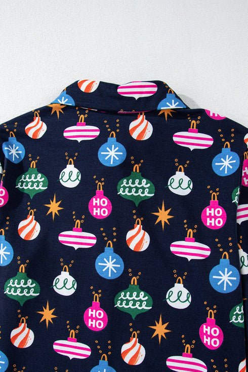 Satin Ornament Print Button Down Long Sleeve Pajama Set