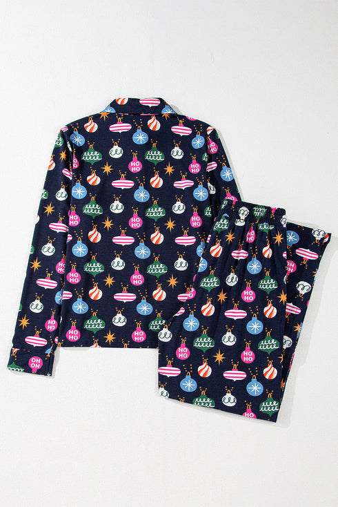 Satin Ornament Print Button Down Long Sleeve Pajama Set