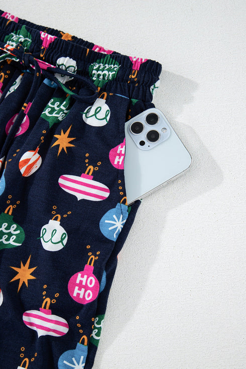 Satin Ornament Print Button Down Long Sleeve Pajama Set