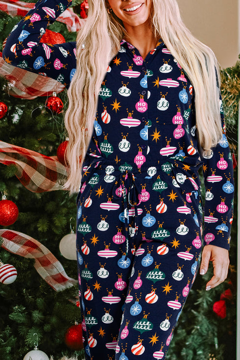 Satin Ornament Print Button Down Long Sleeve Pajama Set