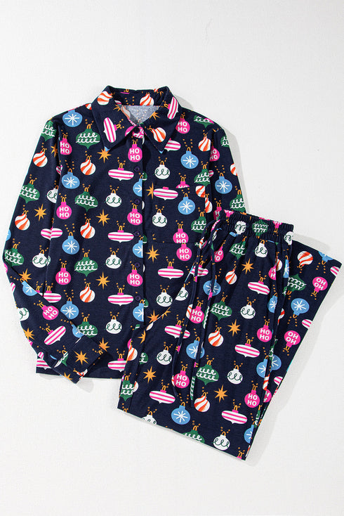 Satin Ornament Print Button Down Long Sleeve Pajama Set