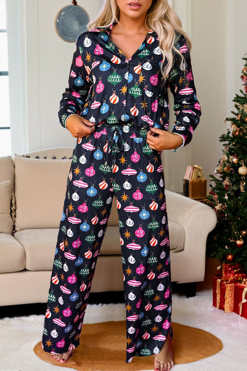 Satin Ornament Print Button Down Long Sleeve Pajama Set
