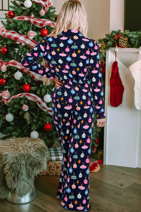 Satin Ornament Print Button Down Long Sleeve Pajama Set