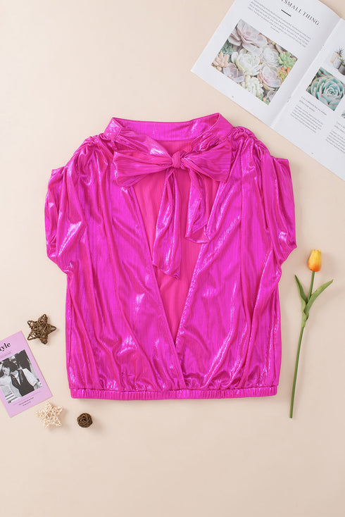 Satin Ruched Sleeve Knotted Open Back Blouse