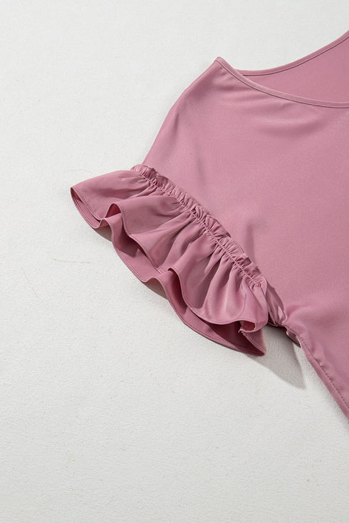 Satin Ruffle Sleeve Round Neck Blouse Top