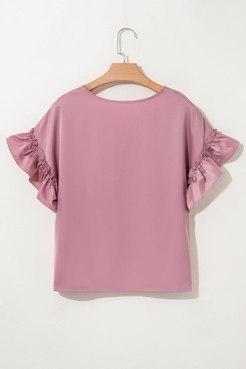 Satin Ruffle Sleeve Round Neck Blouse Top