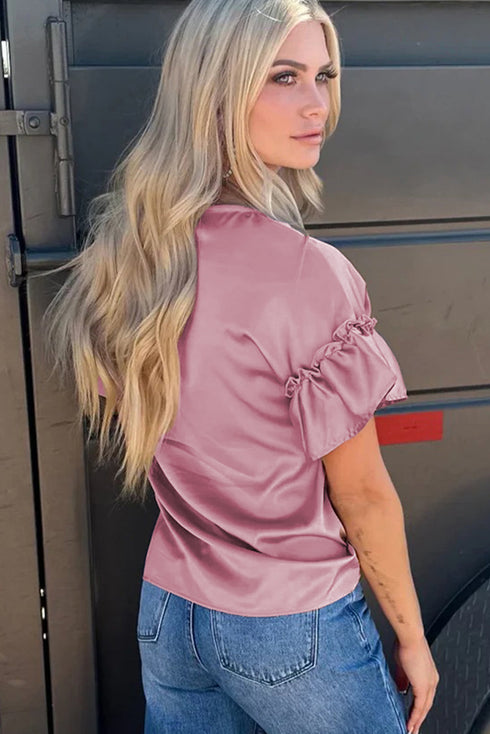 Satin Ruffle Sleeve Round Neck Blouse Top