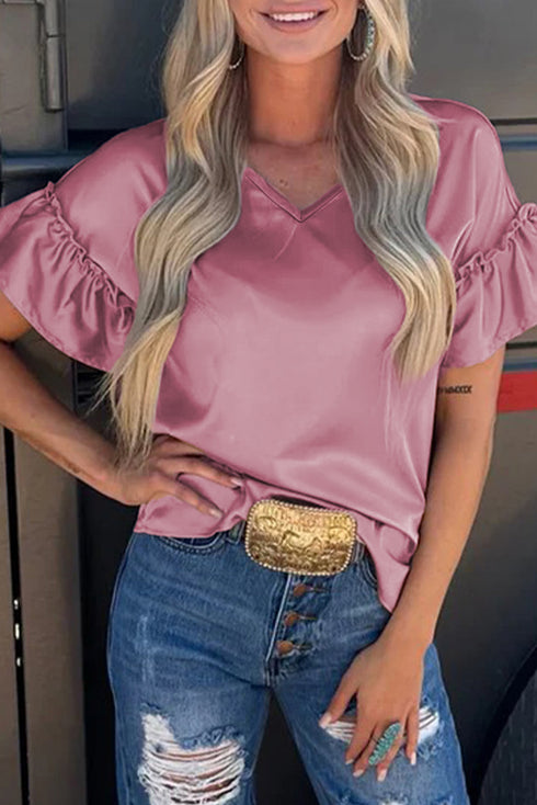 Satin Ruffle Sleeve Round Neck Blouse Top