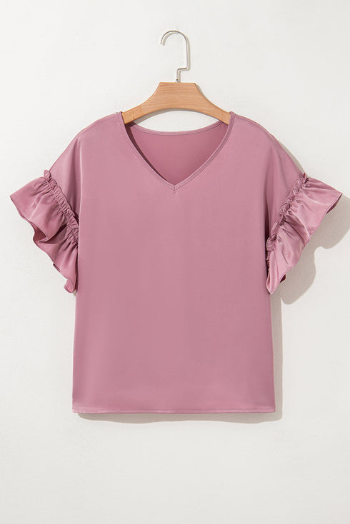 Satin Ruffle Sleeve Round Neck Blouse Top