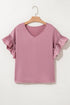 Satin Ruffle Sleeve Round Neck Blouse Top