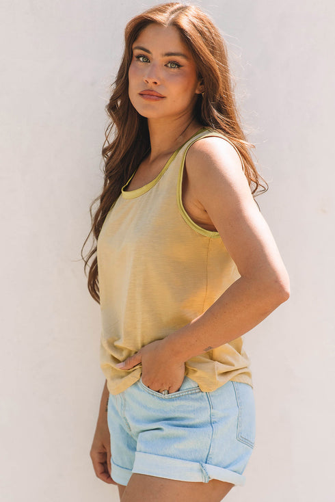 Satin Trim Slub Knit Scoop Neck Tank Top