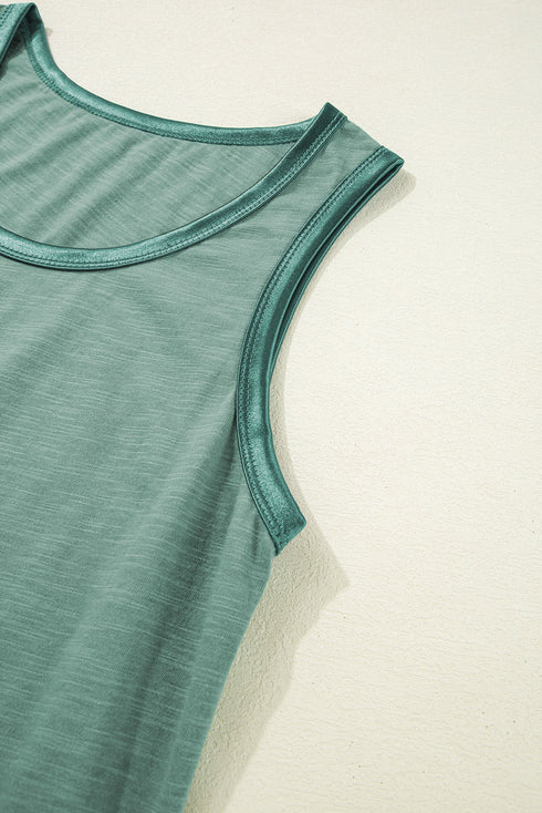 Satin Trim Slub Knit Scoop Neck Tank Top