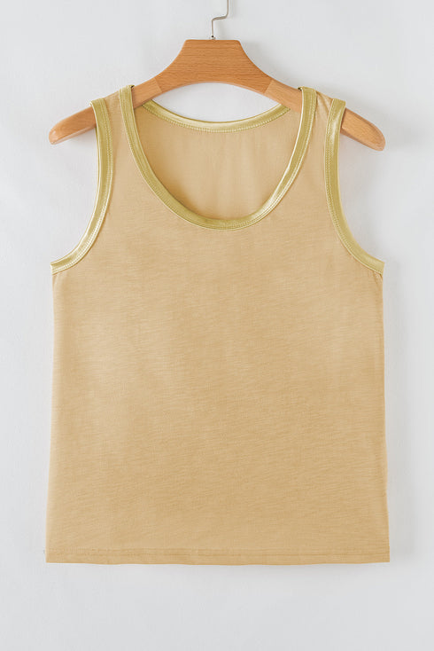 Satin Trim Slub Knit Scoop Neck Tank Top