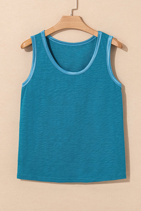 Satin Trim Slub Knit Scoop Neck Tank Top