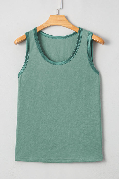 Satin Trim Slub Knit Scoop Neck Tank Top