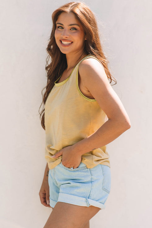 Satin Trim Slub Knit Scoop Neck Tank Top