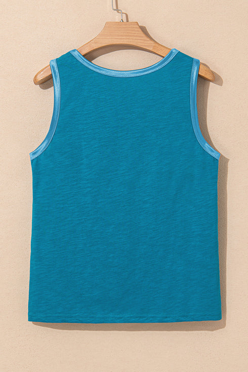 Satin Trim Slub Knit Scoop Neck Tank Top