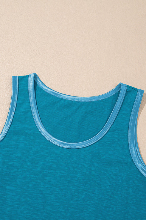 Satin Trim Slub Knit Scoop Neck Tank Top