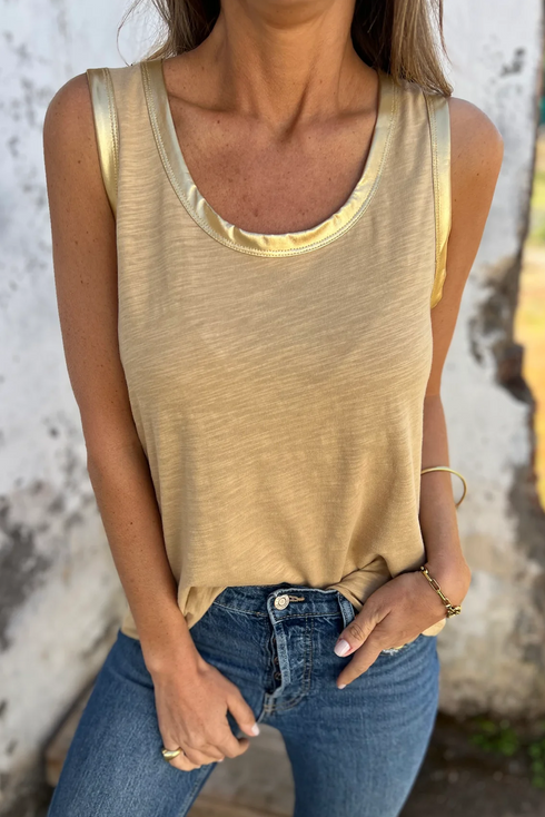Satin Trim Slub Knit Scoop Neck Tank Top