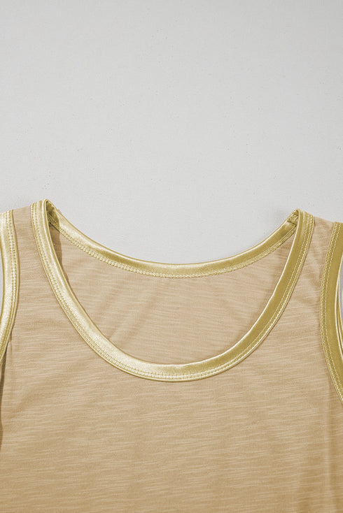 Satin Trim Slub Knit Scoop Neck Tank Top
