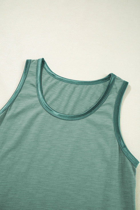 Satin Trim Slub Knit Scoop Neck Tank Top