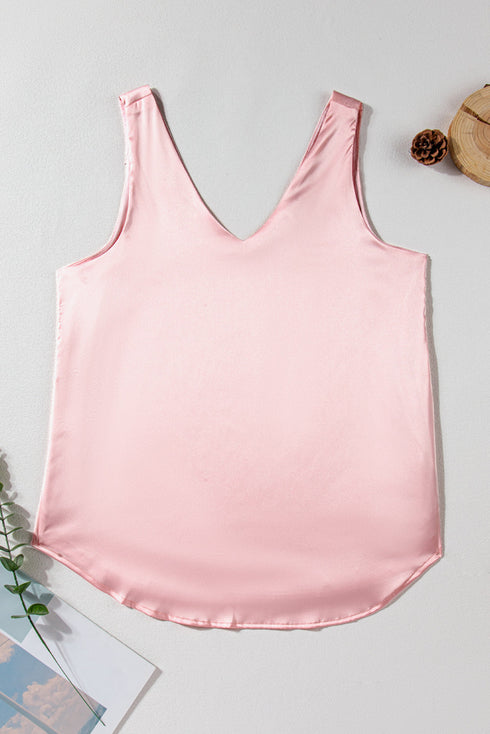 Satin V Neck Sleeveless Relaxed Fit Tank Top