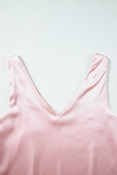 Satin V Neck Sleeveless Relaxed Fit Tank Top
