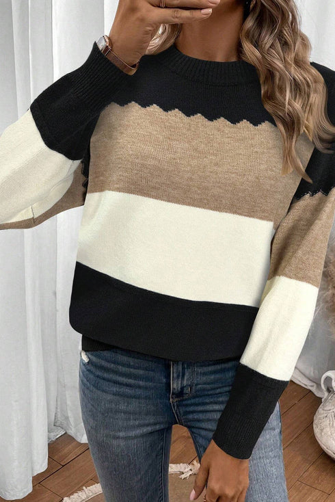 Scallop Detail Blocked Stripe Knit Sweater