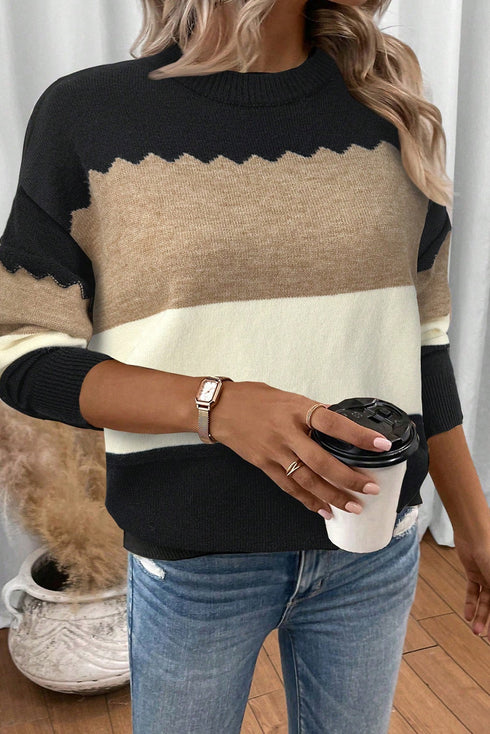 Scallop Detail Blocked Stripe Knit Sweater