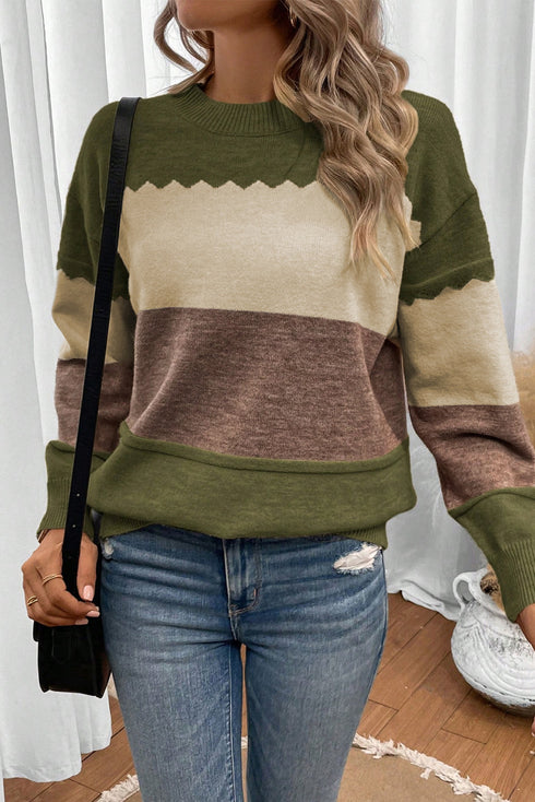 Scallop Detail Blocked Stripe Knit Sweater