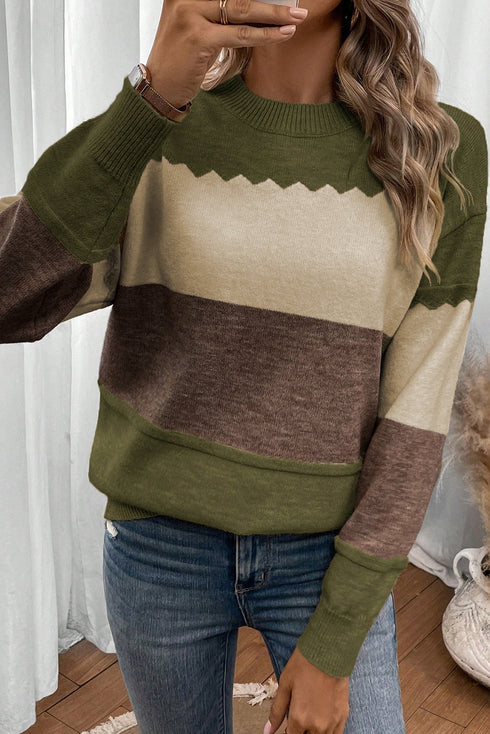 Scallop Detail Blocked Stripe Knit Sweater
