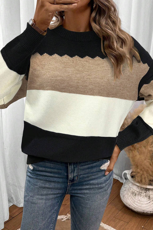Scallop Detail Blocked Stripe Knit Sweater