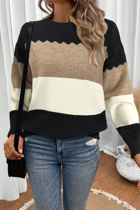 Scallop Detail Blocked Stripe Knit Sweater