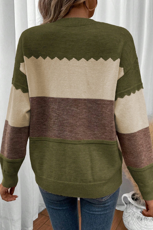Scallop Detail Blocked Stripe Knit Sweater