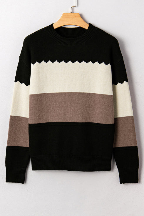 Scallop Detail Blocked Stripe Knit Sweater