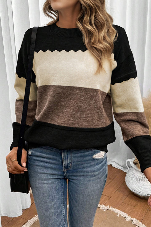 Scallop Detail Blocked Stripe Knit Sweater