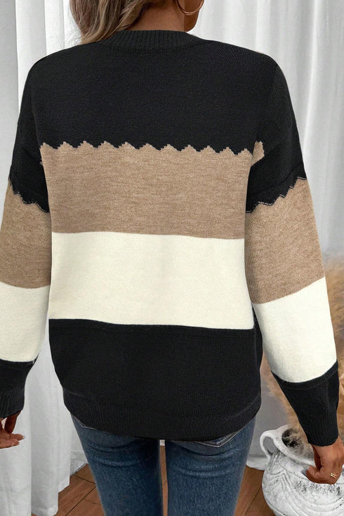 Scallop Detail Blocked Stripe Knit Sweater
