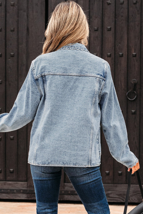 Scallop Trim Collar Mineral Washed Patched Pocket Denim Jacket