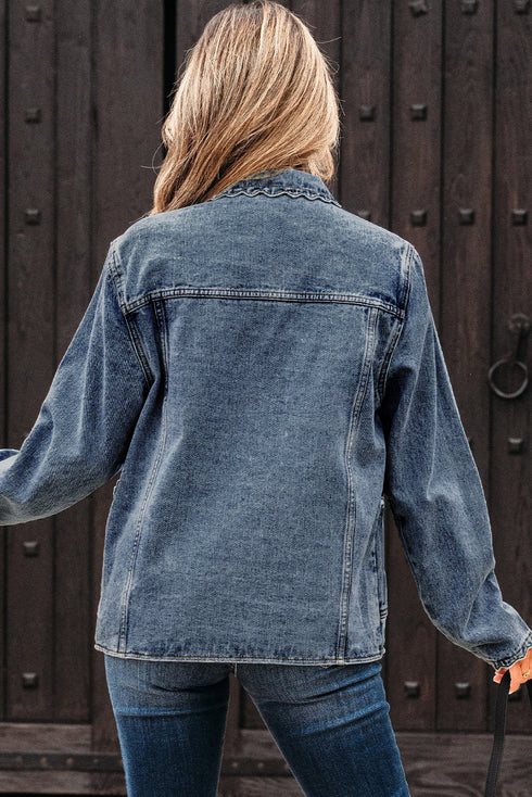 Scallop Trim Collar Mineral Washed Patched Pocket Denim Jacket